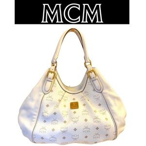 MCM White Visetos Coated Canvas and Leather Shoulder Bag, EUC